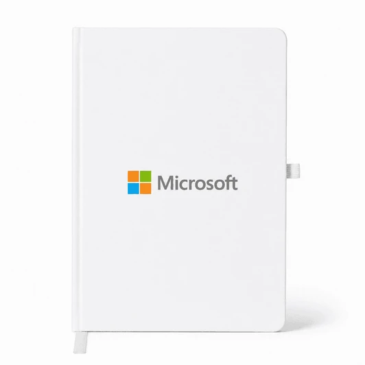 A white A5 smart notebook with a logo on the front cover, featuring a clean design and a ribbon bookmark.