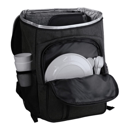 A grey insulated backpack with a plate, cutlery, and cups stored inside. Features side pockets and a logo.