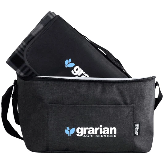 A dark grey outdoor pack with a black mat inside, featuring a logo on the side.