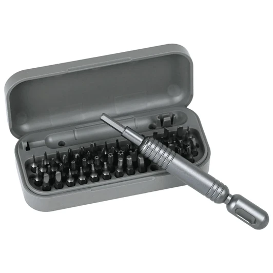 A grey pocket screwdriver tool set with a variety of bits inside a compact case. Includes a screwdriver handle.