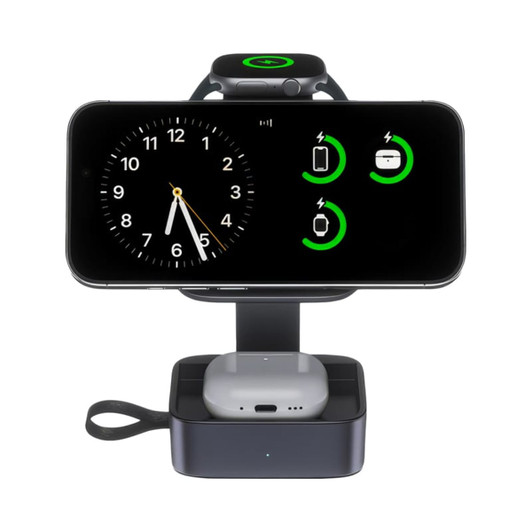 A black 3-in-1 wireless charging station with a phone, smartwatch, and earbuds, featuring a digital clock display.