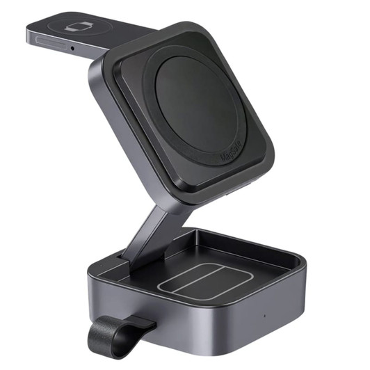 A black 3-in-1 wireless charging station with a magnetic design for devices, featuring a sleek and modern appearance.