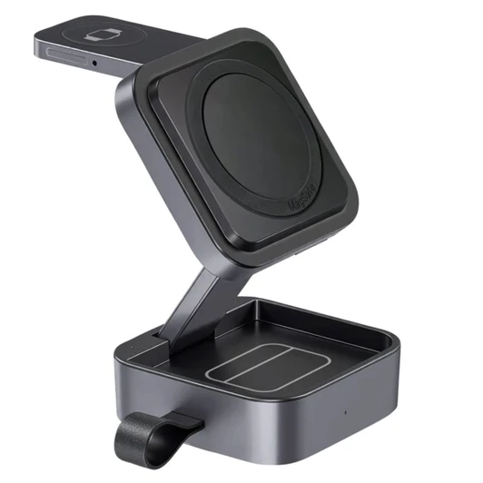 A black 3-in-1 wireless charging station with a magnetic design for devices, featuring a sleek and modern appearance.