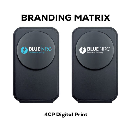A black foldable wireless charger with two different designs, featuring a logo on the front.