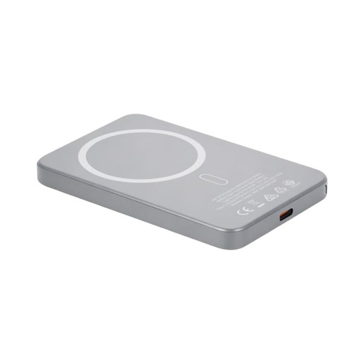 A grey MagSafe wireless power bank with a circular charging area and a USB-C port. It has a branding logo.