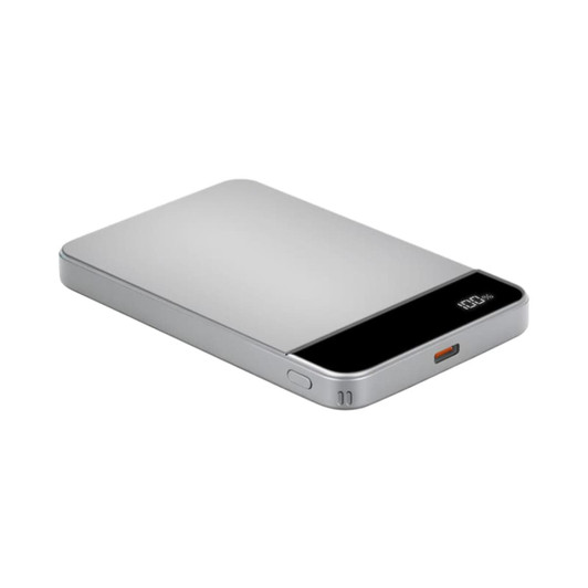 A silver MagSafe wireless power bank with a sleek design, featuring a black section and a USB-C port.