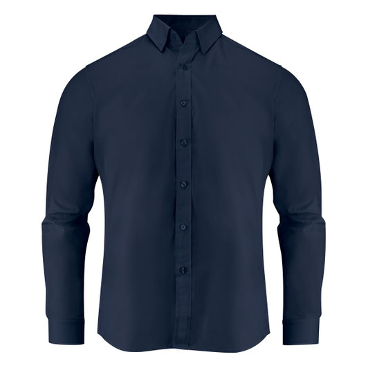 A navy blue long-sleeved shirt with a button-up front and collar. It has a subtle brand logo.