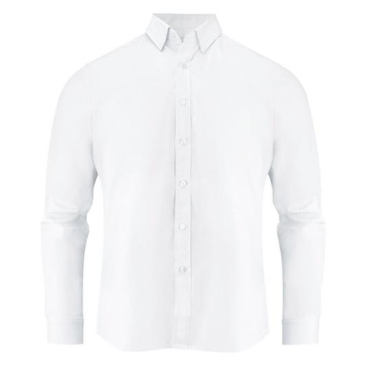 A white long-sleeve shirt with a button-up front and a classic collar, featuring a logo on the chest.