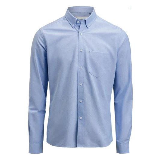 A light blue men's Oxford shirt with a button-down collar and a chest pocket, featuring a logo.