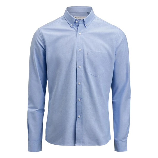A light blue men's Oxford shirt with long sleeves and a chest pocket, featuring a button-down collar and a subtle logo.