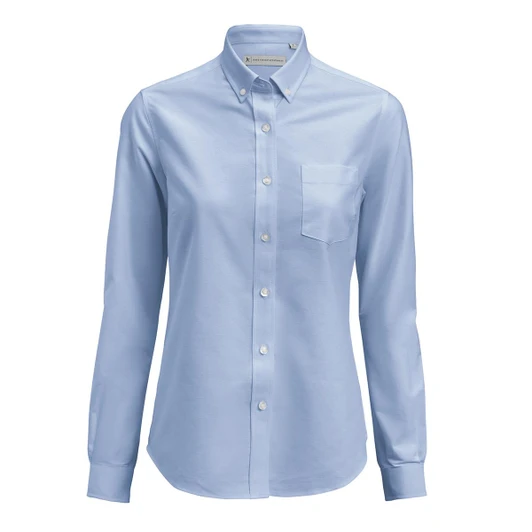 A light blue women's Oxford shirt with a button-up collar and a chest pocket, featuring long sleeves.