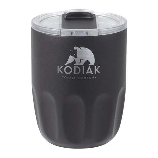 A drink bottle with a black exterior and clear lid, featuring a logo and a rounded design suitable for beverages.