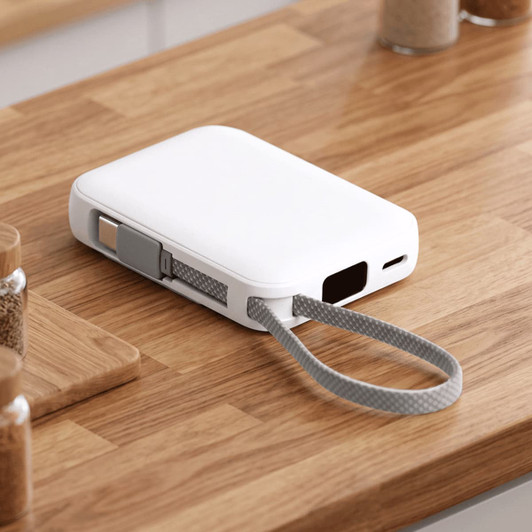 A white power bank with a grey strap sits on a wooden table, featuring a logo on its side.
