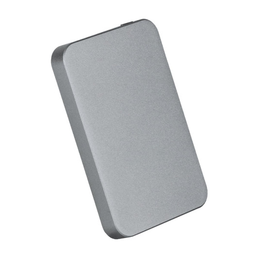 A sleek, silver power bank with a slim profile and a subtle logo on the surface.