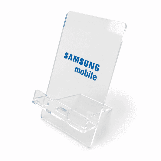 A clear acrylic phone stand with a tilted design, featuring a logo on the front.