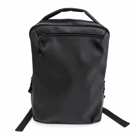 A black soft PU backpack with a top handle, zippered front pocket, and adjustable shoulder straps. Features a logo.