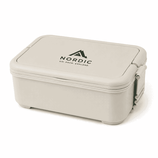 A cream-coloured lunchbox with a logo, featuring a secure locking lid and sturdy design.