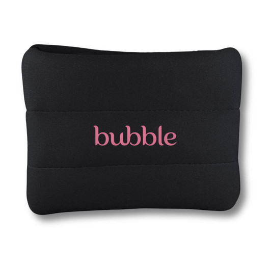 A black neoprene cosmetic bag featuring a logo in pink, with a smooth, cushioned texture.