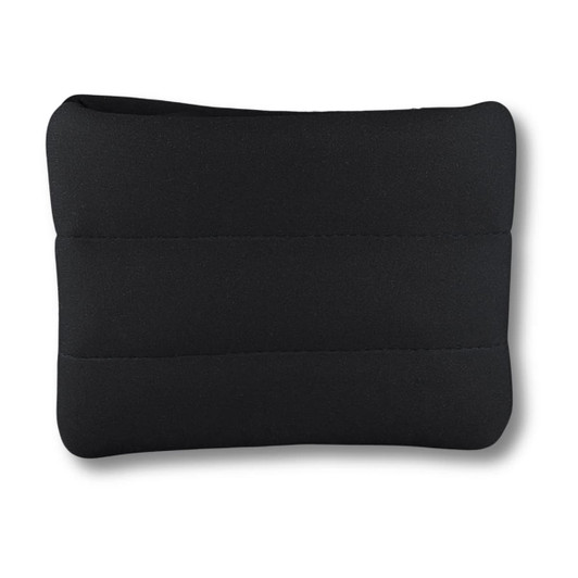 A black neoprene cosmetic bag featuring a simple, padded design. It has a logo on one side.