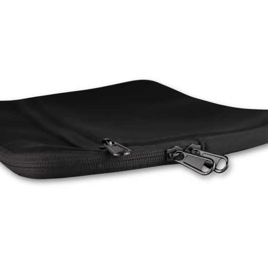 A black neoprene laptop sleeve featuring a dual zipper closure. It has a sleek and smooth texture.