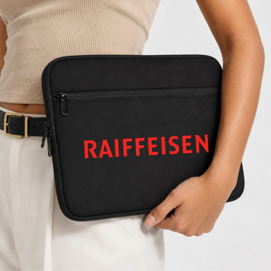 A black neoprene laptop sleeve with a zippered pocket and a logo. Suitable for a 14-inch laptop.