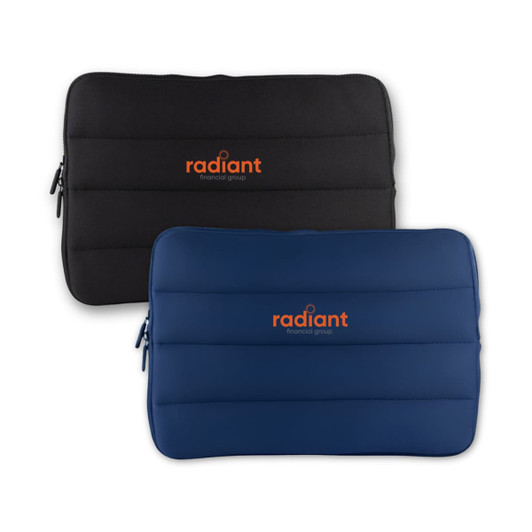 A neoprene laptop sleeve in black and navy with a logo, featuring a padded design for protection.