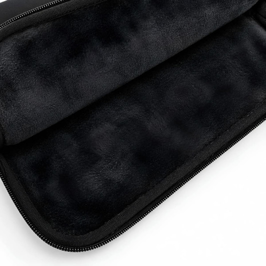 A black neoprene laptop sleeve with a soft interior lining. The zipper is visible along the edge.