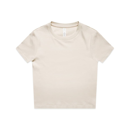 A short-sleeved, light beige t-shirt with a round neckline and a logo on the label.