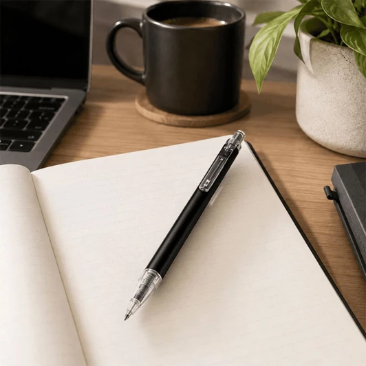 A black aluminium ballpoint pen rests on an open notebook beside a mug and a plant.