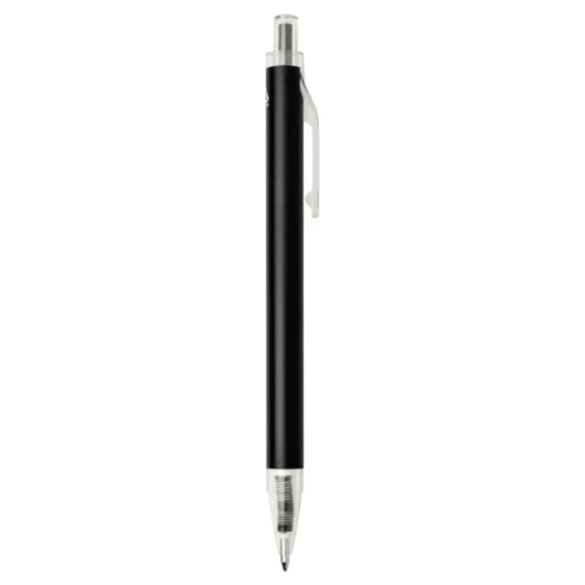 A black recycled aluminium ballpoint pen with a silver clip and tip, featuring a branding logo.