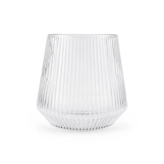 A clear, fluted glass tumbler with a rounded base and tapered top. The design features vertical lines.