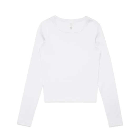 A white long-sleeve t-shirt with a round neckline and a logo on the label.