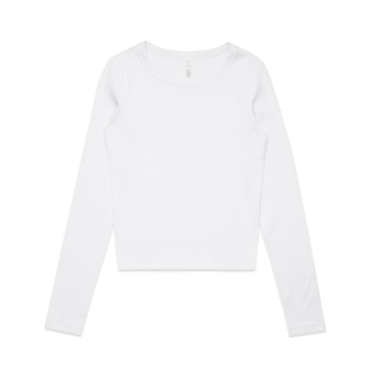 A white long-sleeve t-shirt with a round neckline and a logo on the label.