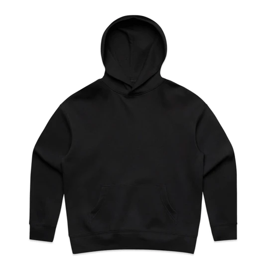 A black hoodie featuring a front pouch pocket and a drawstring hood. It includes a logo or branding.