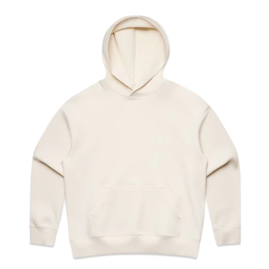 A cream-coloured hoodie featuring a front pocket and a hood. It has a branding logo on the material.