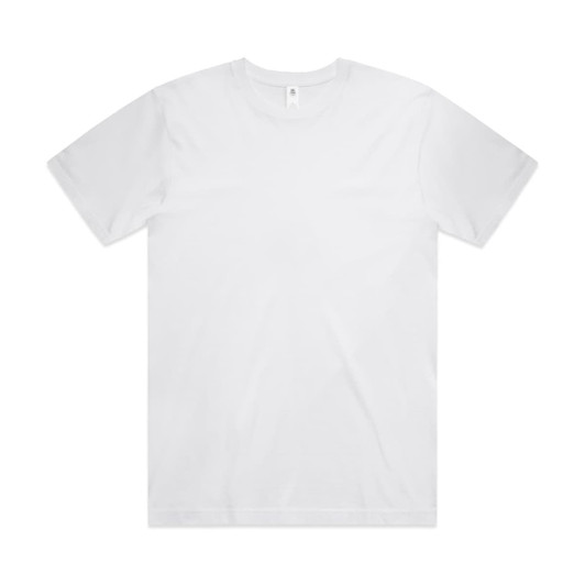A plain white T-shirt with a crew neck and short sleeves, featuring a small logo on the label.