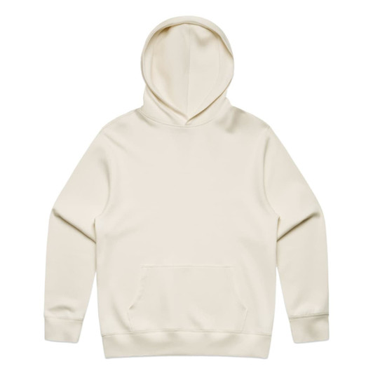 A cream-coloured hoodie with a front pocket and an adjustable hood. It features a branding logo.