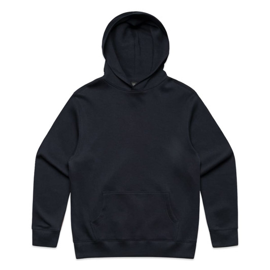 A navy hoodie featuring a front pocket and a hood, with a plain design and no visible logos.