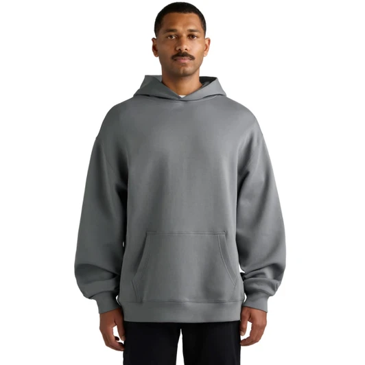 A hooded sweatshirt in grey, featuring a front pocket and relaxed fit, with a logo on one sleeve.