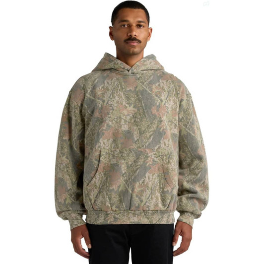 A hooded sweatshirt featuring a faded camouflage pattern in earthy tones. It has a front pocket and a logo.