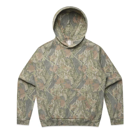 A faded hooded sweatshirt in a camouflage pattern featuring green and tan colours, with a front pocket and a logo.