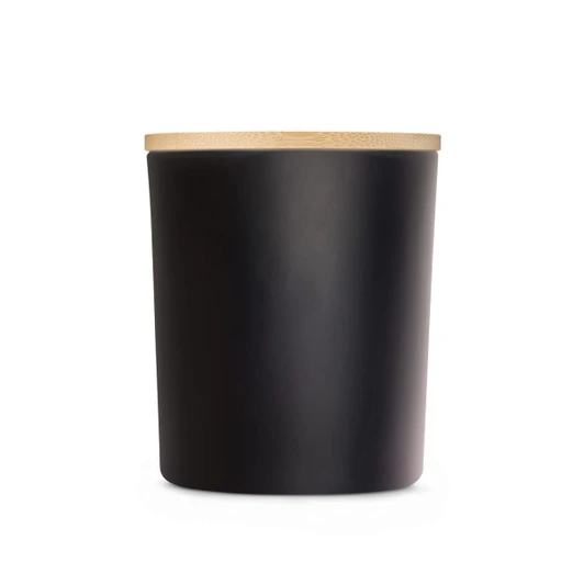 A black storage jar with a wooden lid. The jar features a smooth matte finish and a cylindrical shape.