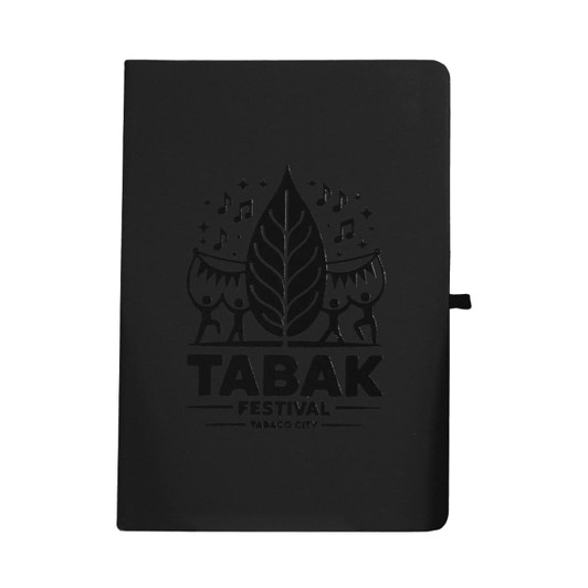 A black recycled journal with a textured design, featuring a leaf and musical elements, and an embossed logo.