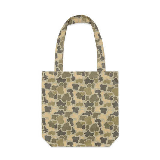 A tote bag featuring a camouflage pattern in shades of green and beige, with two sturdy handles.