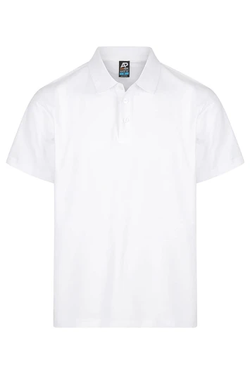 A white polo shirt with a collar and three-button placket, featuring an embroidered logo.
