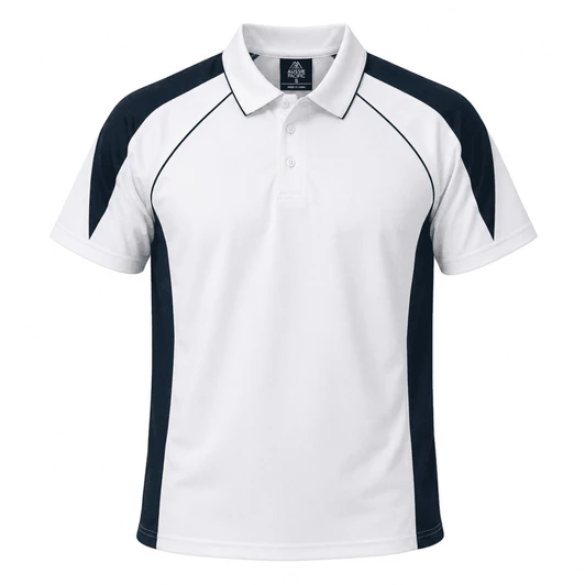 A white polo shirt with dark navy sleeves and trim, featuring a logo on the chest.