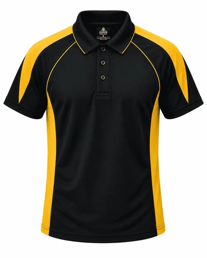 A black polo shirt with yellow accents and a logo on the chest. Features a collar and buttons.