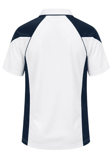 A polo shirt featuring a white body with navy blue side panels and a logo on the front.