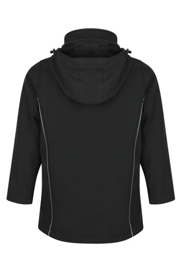 A black jacket with a hood, featuring zip details and a simple design. It has a logo on the garment.