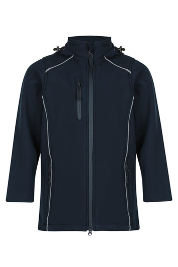 A navy blue jacket featuring a zip front, multiple pockets, and contrasting grey seams. It has a logo on it.